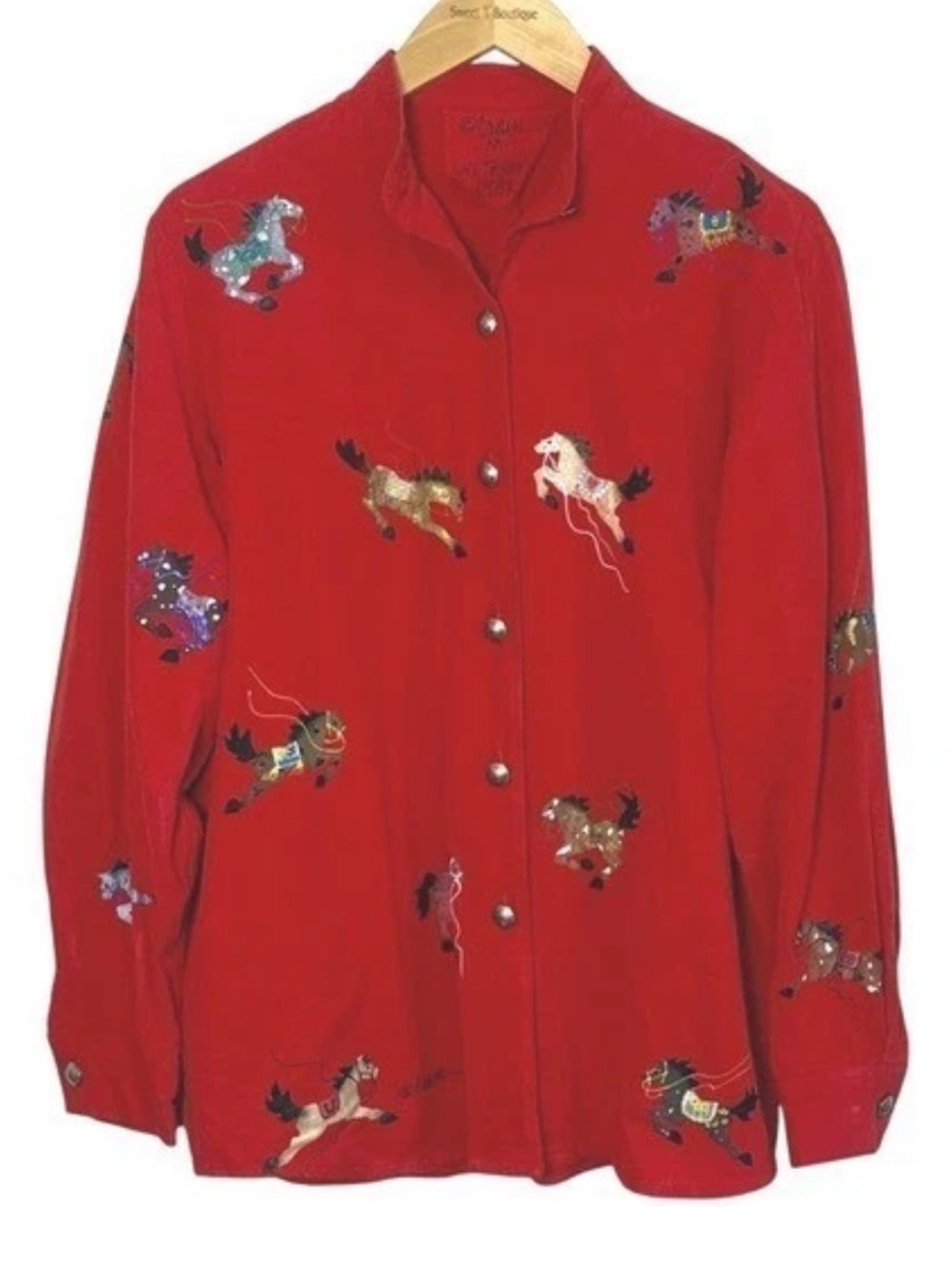 CRAIN silver dime button up top hand painted horses Indian ponies adorn NWOT M